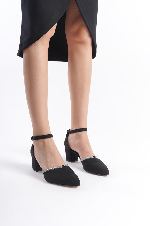 Women's Black Suede Stone Detailed Ankle Strap Classic Short Thick Heeled Shoes