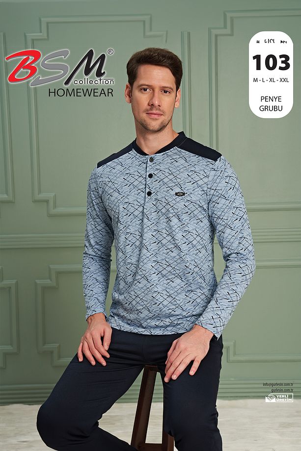 Erkek Yüksek Kalite Pamuklu Uzun Kol Desenli Mavi Pijama Takımı - 4