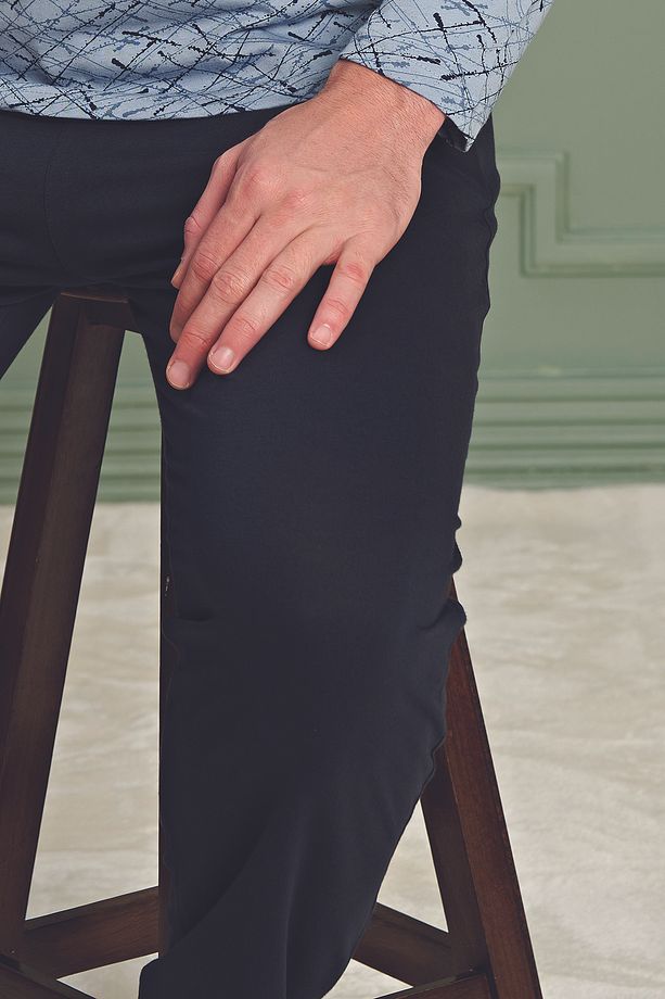 Erkek Yüksek Kalite Pamuklu Uzun Kol Desenli Mavi Pijama Takımı - 3