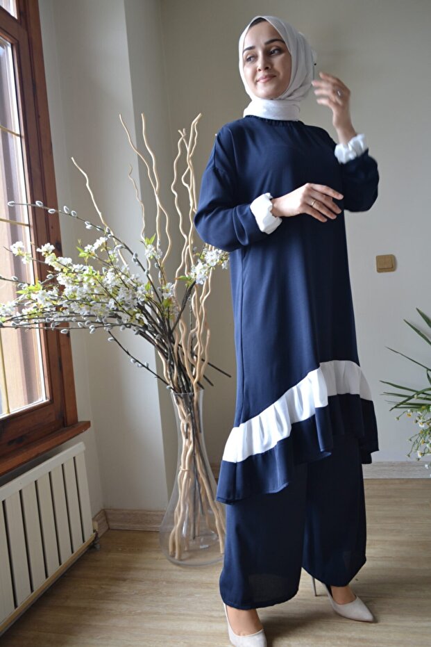 Navy Blue White Hijab 2-Piece Top and Bottom Set