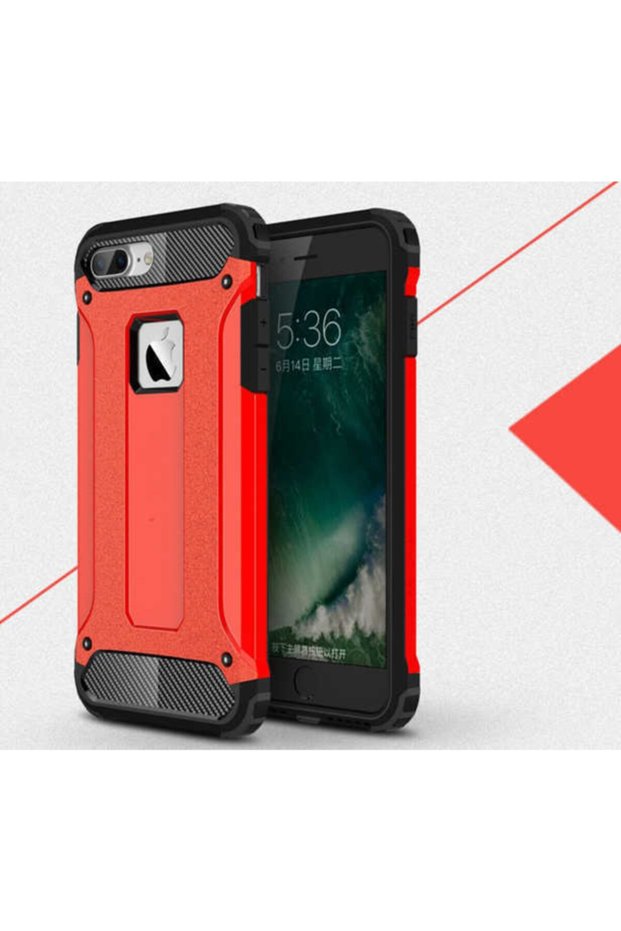 iPhone 8 Plus Compatible - Double Layer Protective Crash Military Tank Case - Red