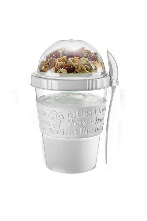 Yogurt Container with Spoon and Fruit Compartment, White Color