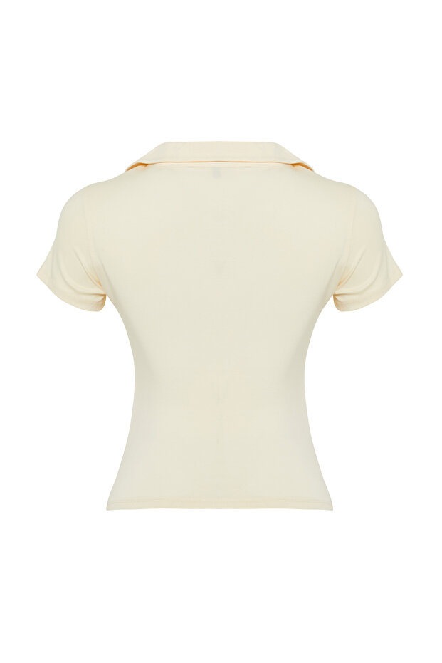 Açık Taş Regular/Normal Kalıp Polo Yaka Kısa Kollu Esnek Örme Bluz TWOSS24BZ00456 - 8