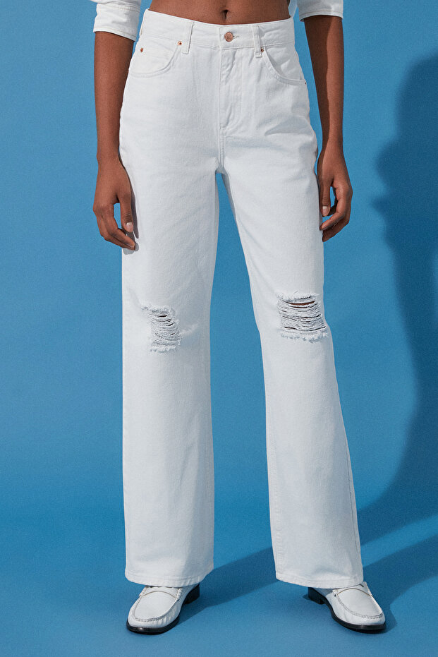 Beyaz Yırtıklı Yüksek Bel Wide Leg Jeans TWOSS24JE00166 - 4