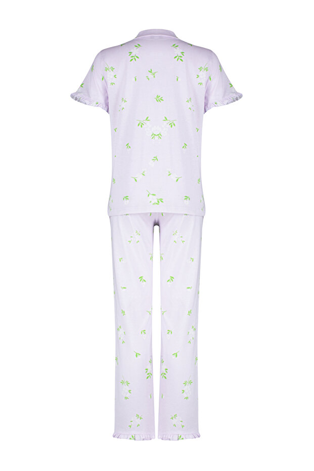 Pembe-Çok Renkli %100 Pamuklu Çiçekli Fırfır Detaylı Örme Pijama Takımı THMSS24PT00227 - 8