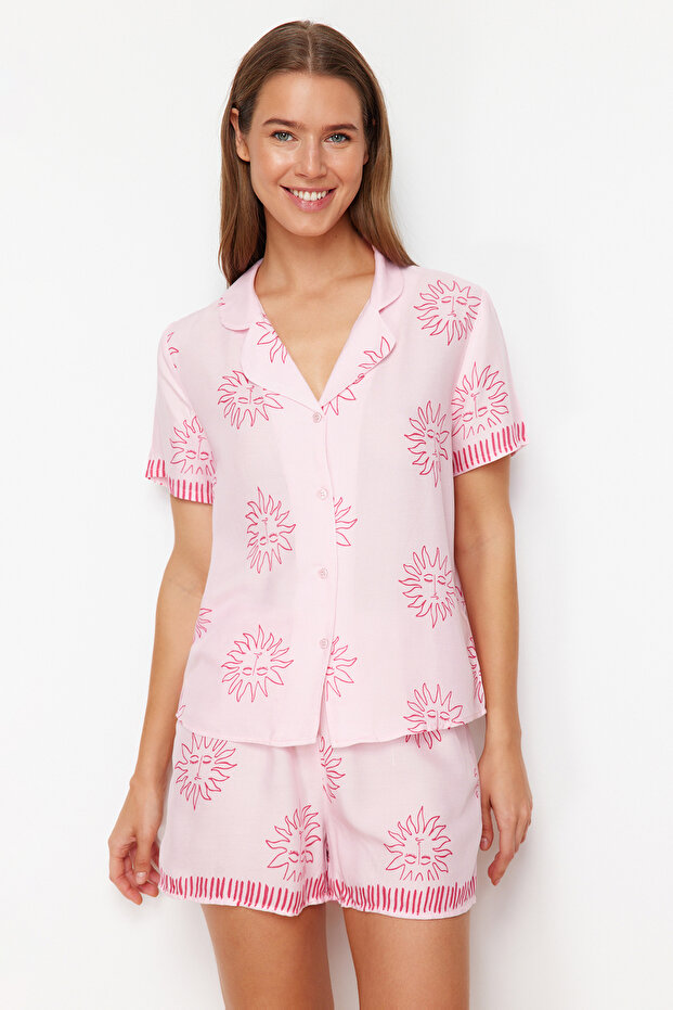Pembe Güneş Desenli Viskon Şortlu Dokuma Pijama Takımı THMSS24PT00009 - 3