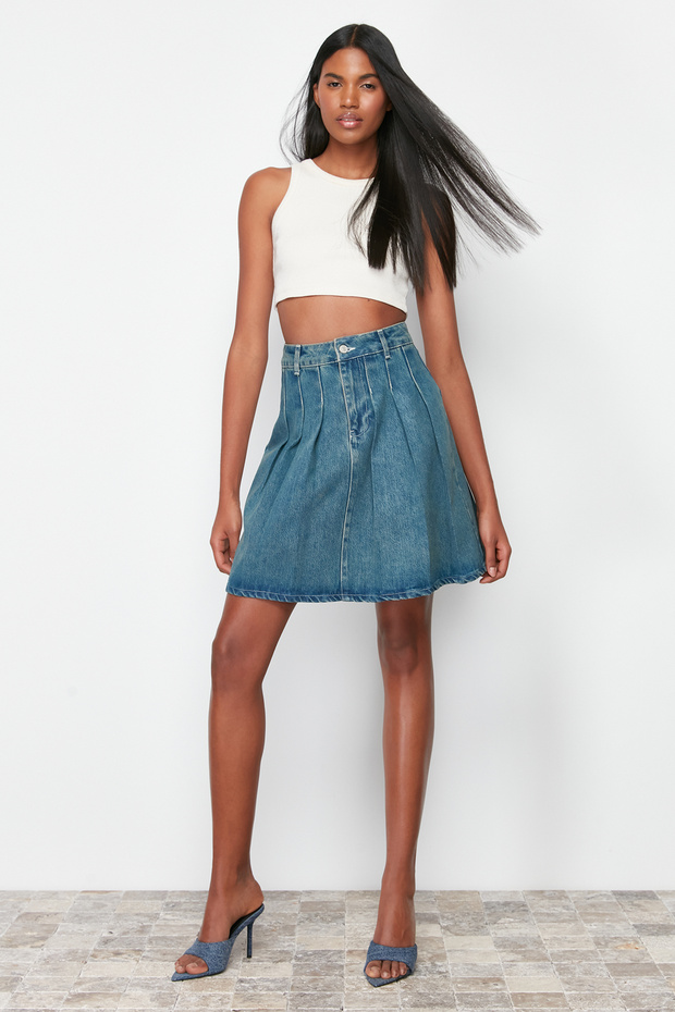 Mavi Pileli Yüksek Bel Mini Denim Etek TWOSS24ET00200 - 1