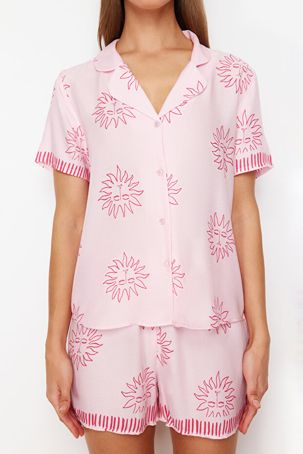 Pembe Güneş Desenli Viskon Şortlu Dokuma Pijama Takımı THMSS24PT00009 - 4