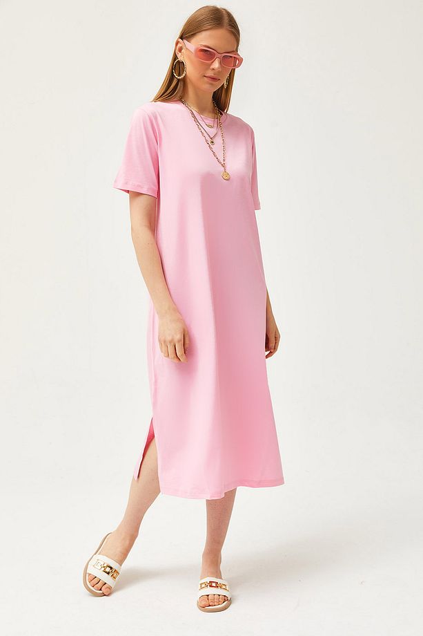 Kadın Pembe Yanı Yırtmaçlı Oversize Pamuk Elbise ELB-19001880 - 1