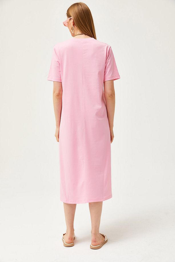 Kadın Pembe Yanı Yırtmaçlı Oversize Pamuk Elbise ELB-19001880 - 5