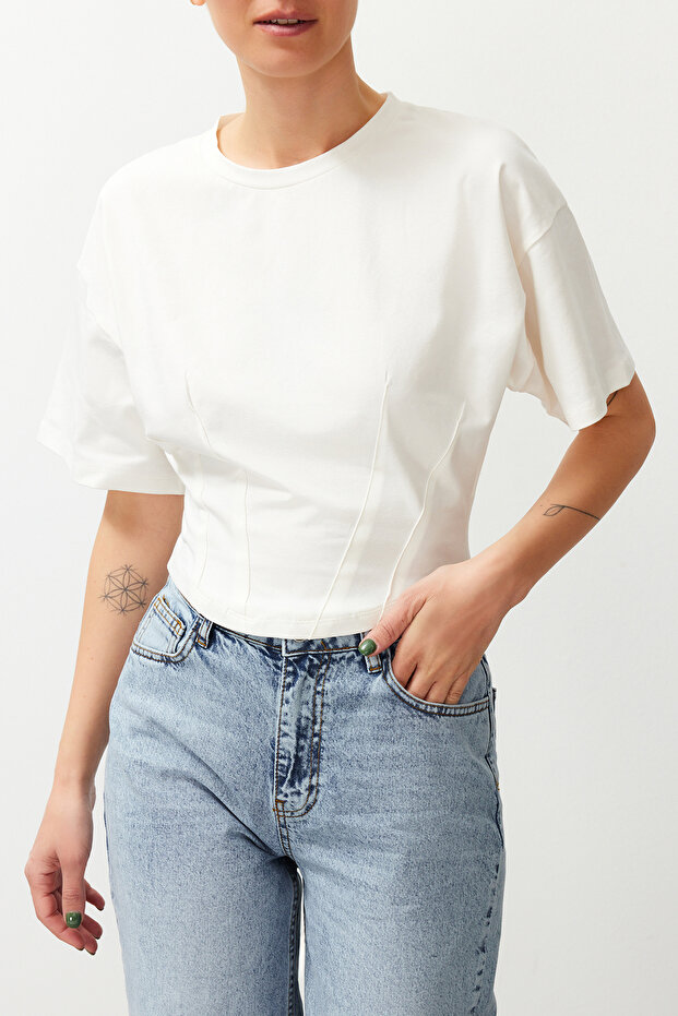 Beyaz Crop Örme T-Shirt TEDSS24TS00008 - 1