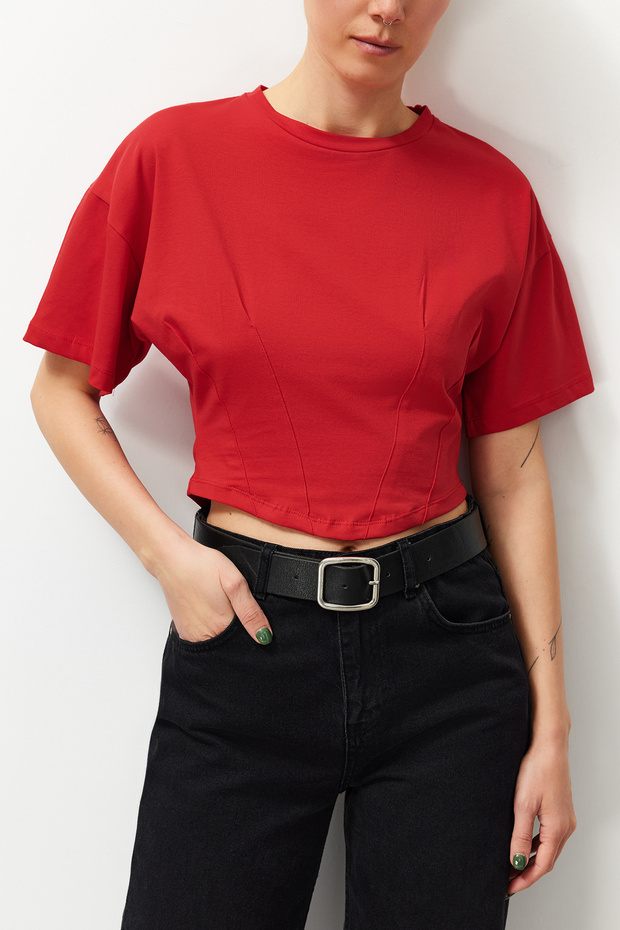 Kırmızı Crop Örme T-Shirt TEDSS24TS00008 - 1