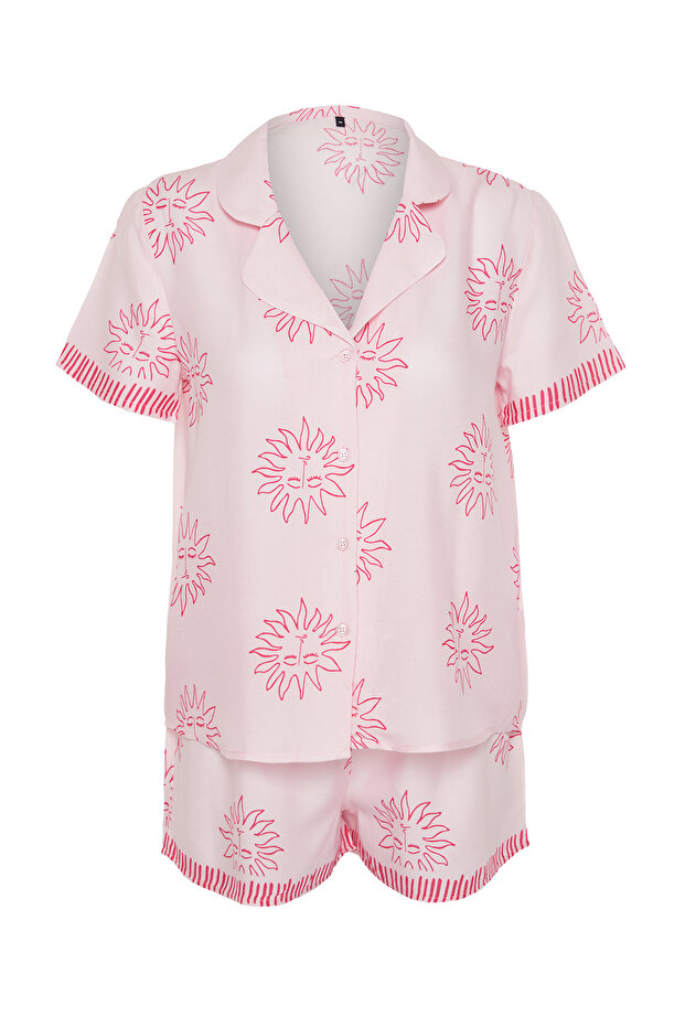 Pembe Güneş Desenli Viskon Şortlu Dokuma Pijama Takımı THMSS24PT00009 - 7