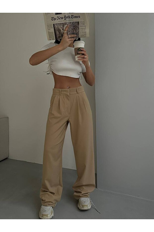 Bel Katlamalı Plazzo Pantolon - 3