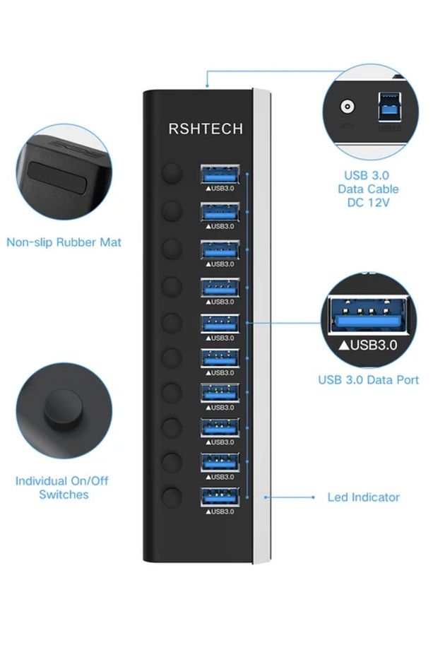 Alüminyum 5 Gbps 10 Port Usb 3.0 Data  Hub 12w 3A Power Adaptör Çevirici Dönüştürücü 10 Girişli - 7