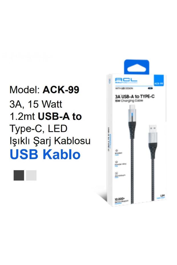 Ack-99 3A 15 Watt 1.2mt USB-A to Type-C Led Işıklı Şarj Kablosu Usb Kablo - 1
