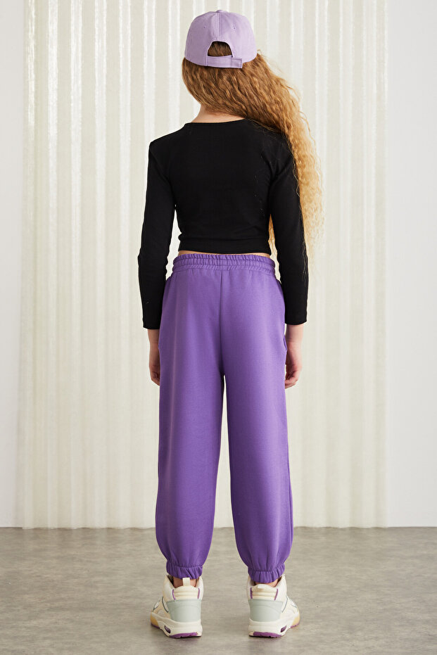 INGRID-GRM24033 75% pamuk 25% polyester süs etiketli  şardonlu  iplik kız çocuk jogger Mor Eşofman A - 6