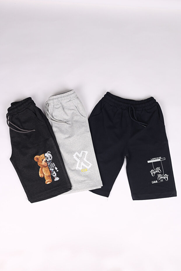 3-Piece Boy Print Detailed Pocket Shorts/Capri