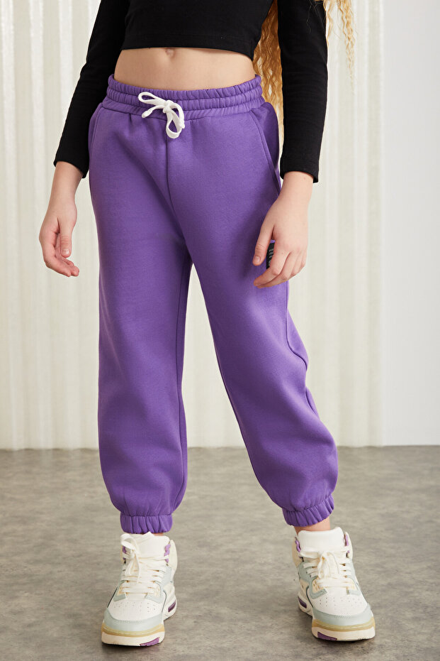 INGRID-GRM24033 75% pamuk 25% polyester süs etiketli  şardonlu  iplik kız çocuk jogger Mor Eşofman A - 2
