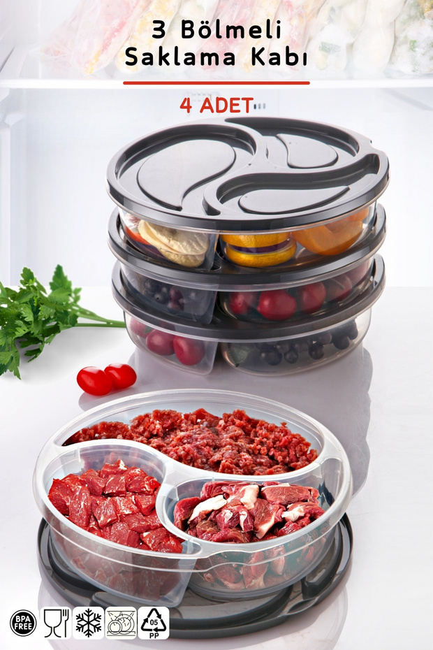 4 Pieces 3 Compartments Storage Container Set That Can Be Used in Deep Freezer 1.1LT - 1