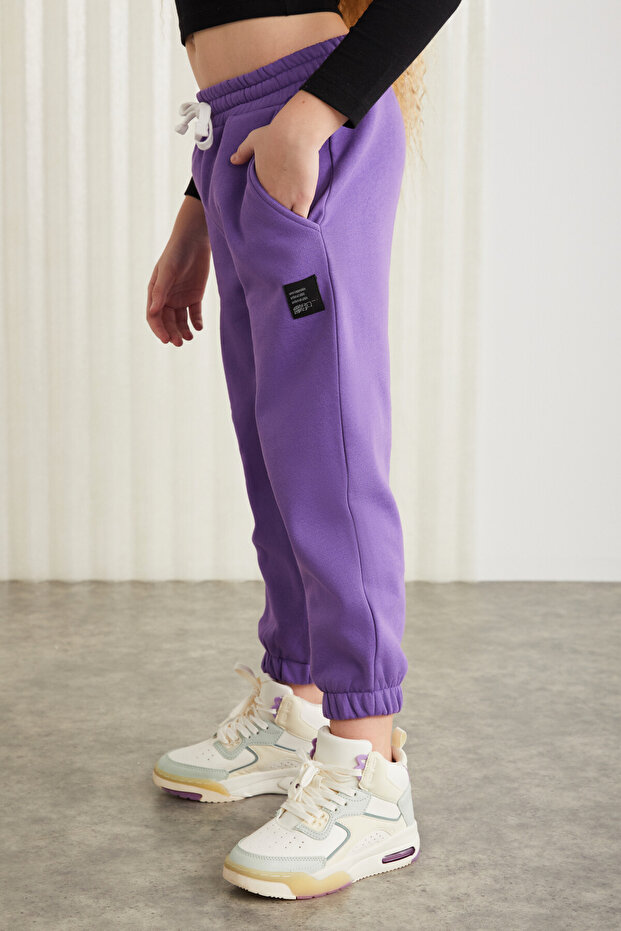 INGRID-GRM24033 75% pamuk 25% polyester süs etiketli  şardonlu  iplik kız çocuk jogger Mor Eşofman A - 5