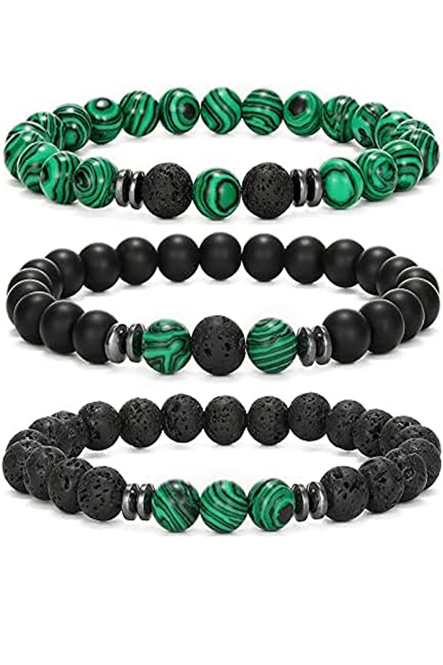 Set of 3 Malahit Onyx Lava Natural Stone Bracelets