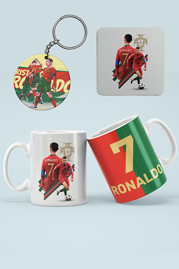 Ronaldo Printed Mug Cup Keychain And Coaster Set