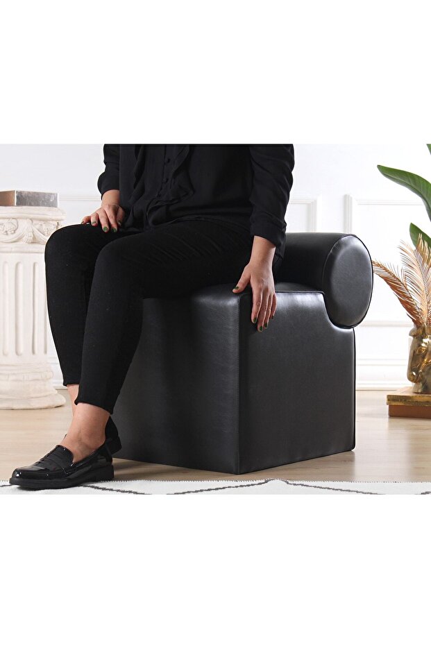 Rohin Deri Puf - Siyah - 4