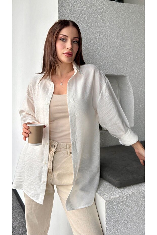 Dökümlü Beyaz Uzun Kol Basic Gömlek - 1