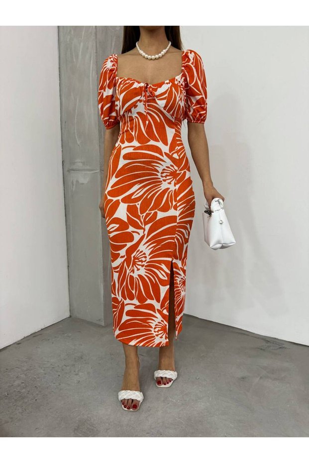Women's Heart Collar Floral Patterned Summer Fabric Slit Long Tile Tile Dress Orange
