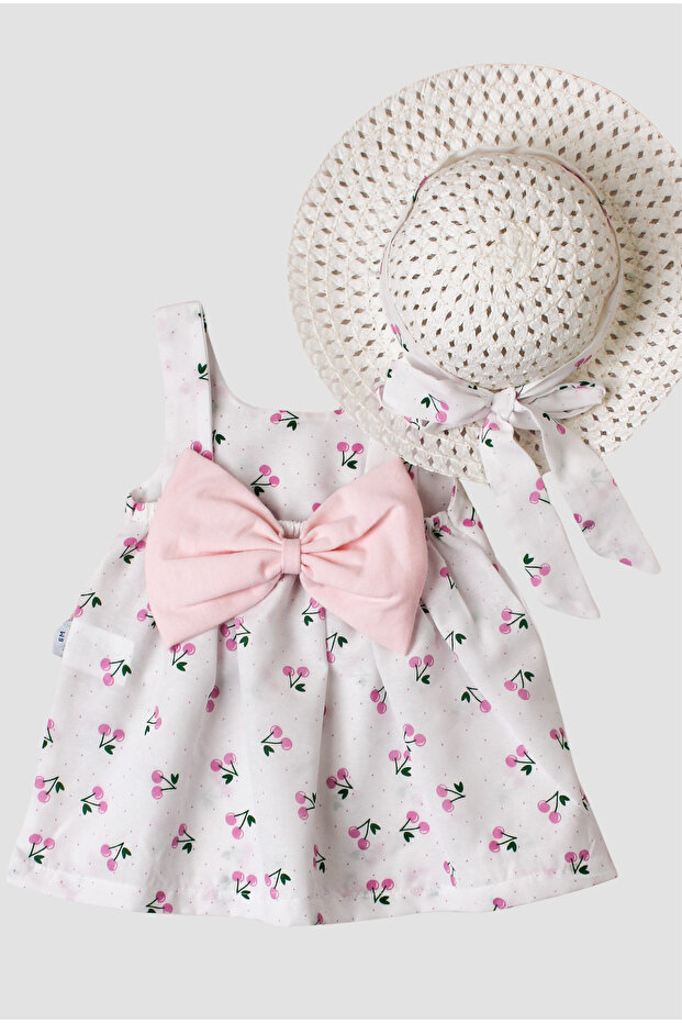 Cherry Patterned Hat and Bow Detailed Baby Girl Dress