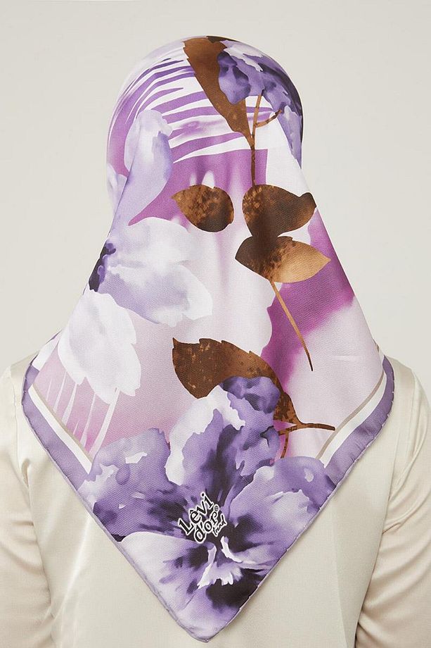 Mor Çiçek Desen Trend Twill Eşarp - 4