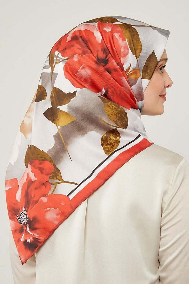 Kırmızı Çiçek Desen Trend Twill Eşarp - 1