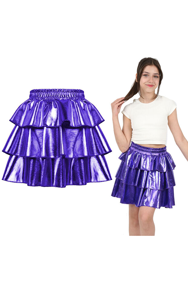 Girl's Elastic Waist Metallic Shiny Sparkly 3-Layer Ruffled Skirt