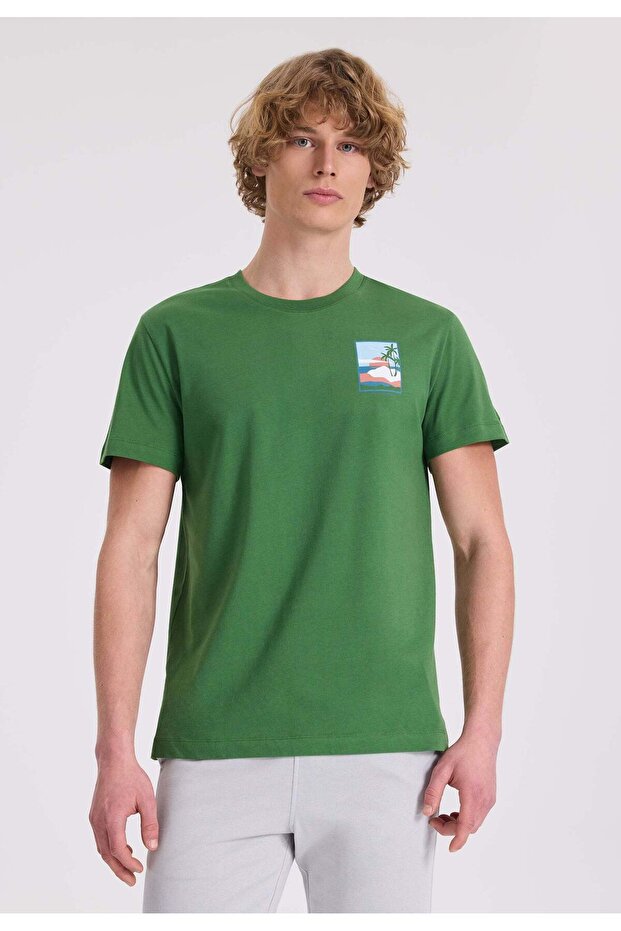 Green Front and Back Printed Crew Neck Organic Cotton Regular Fit Men's T-Shirt WMBACK SUNSET