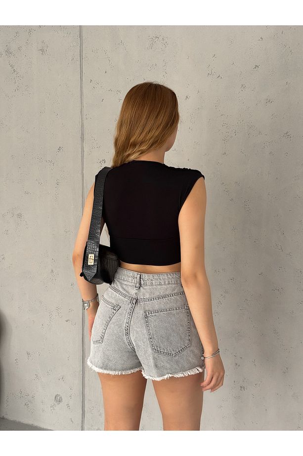 Kadın Siyah Sıfır Kol Derin V Yaka Önü Çift Kat Sandy Kumaş Örme Crop Bluz - 2