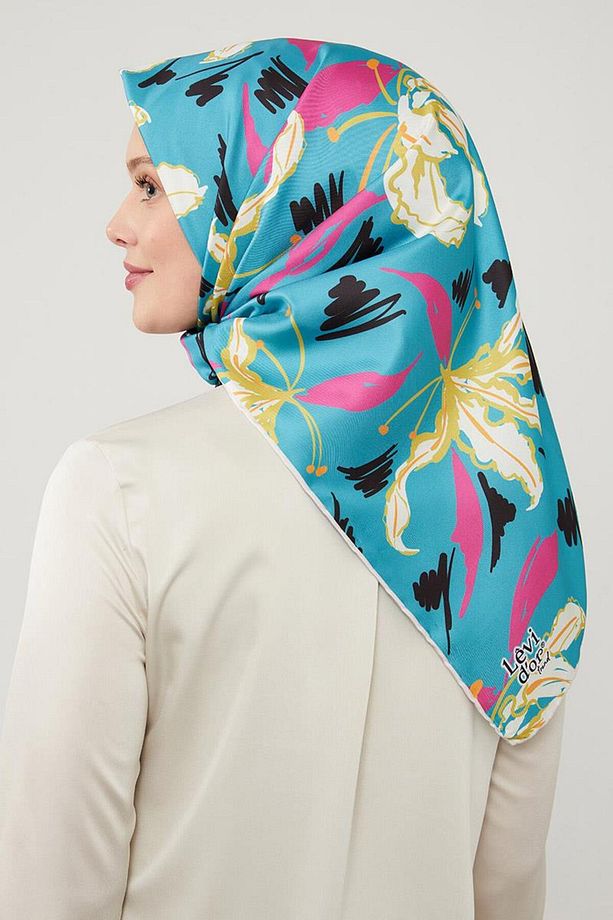 Su Yeşili Yaprak Desen Twill Eşarp - 3