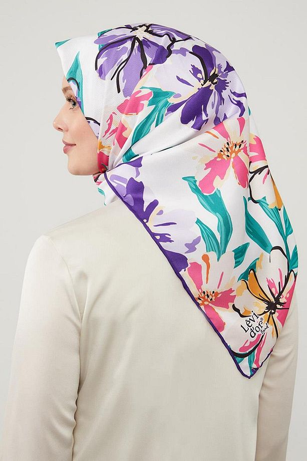 Mor Açelya Çicek Desenli Trend Twill Eşarp - 3