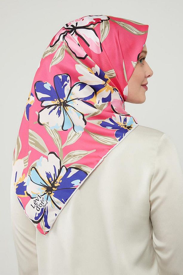 Fuşya Açelya Çicek Desenli Trend Twill Eşarp - 1
