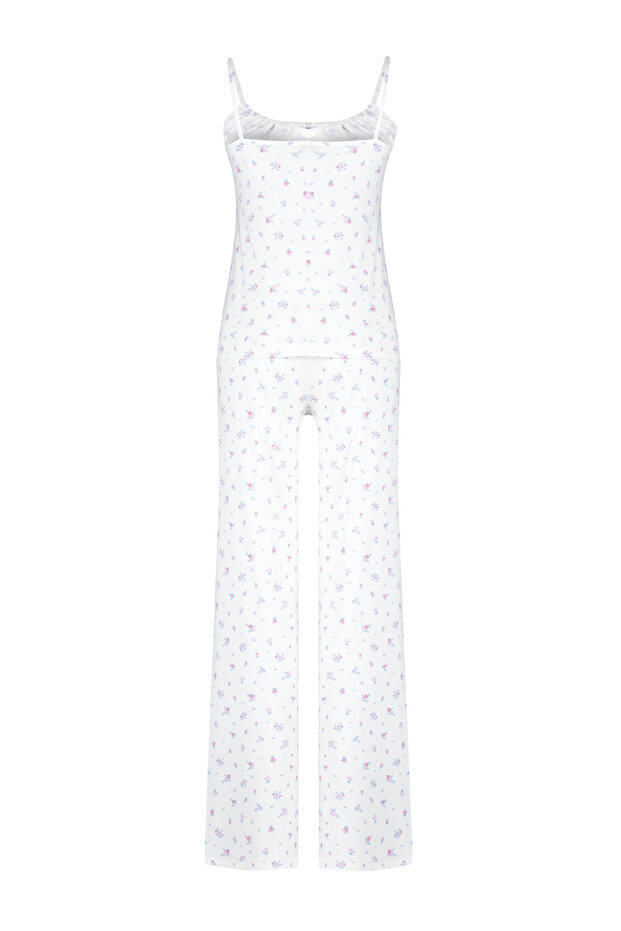 Beyaz-Çok Renkli Çiçekli Bağlamalı ve İp Askılı Örme Pijama Takımı THMSS24PT00233 - 8