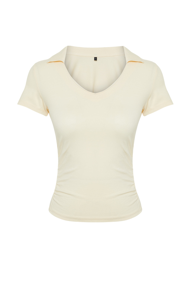 Açık Taş Regular/Normal Kalıp Polo Yaka Kısa Kollu Esnek Örme Bluz TWOSS24BZ00456 - 7