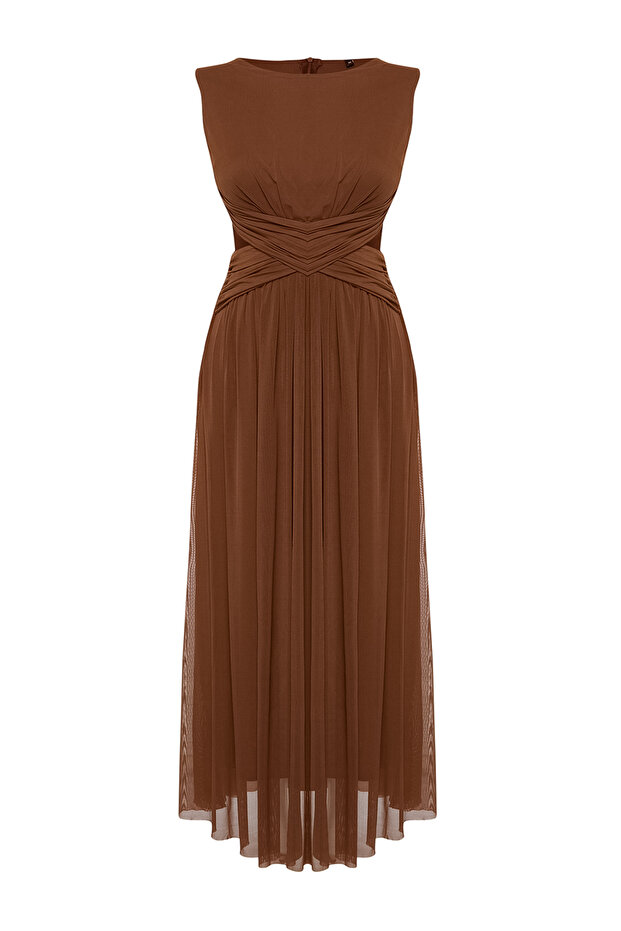 Kahverengi A-Kesim Cut Out/Pencere Detaylı Uçuş Uçuş Tül Şık Abiye Mezuniyet Elbisesi TPRSS24EL00022 - 7