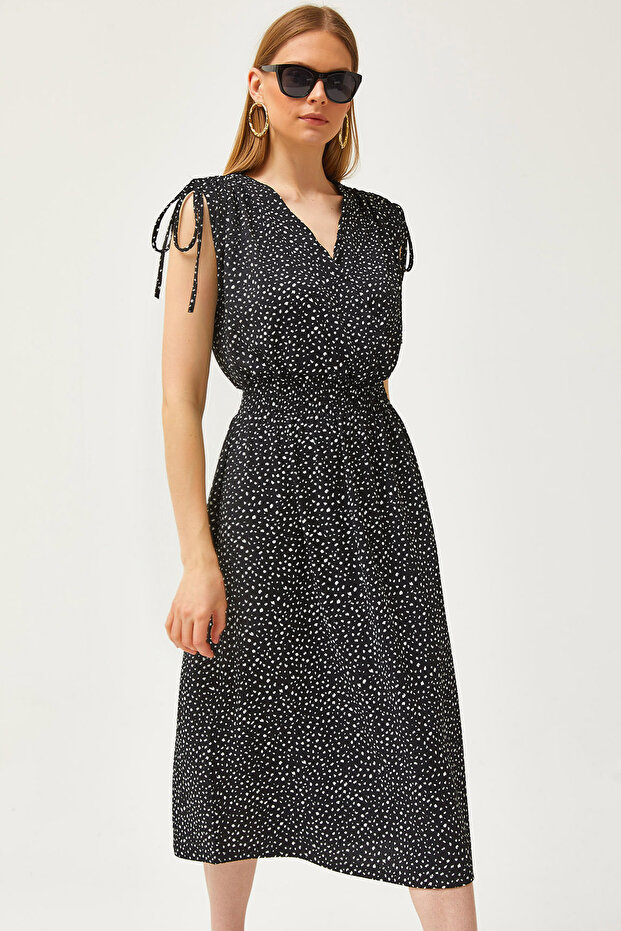 Women's Black Shoulder Gathered Waist Elastic Dress ELB-19002116