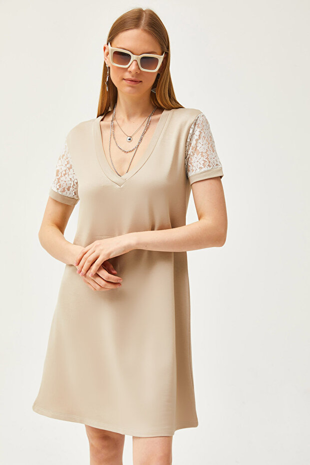 Women's Beige V-Neck Lace Detailed Soft Textured Mini Dress ELB-19002114