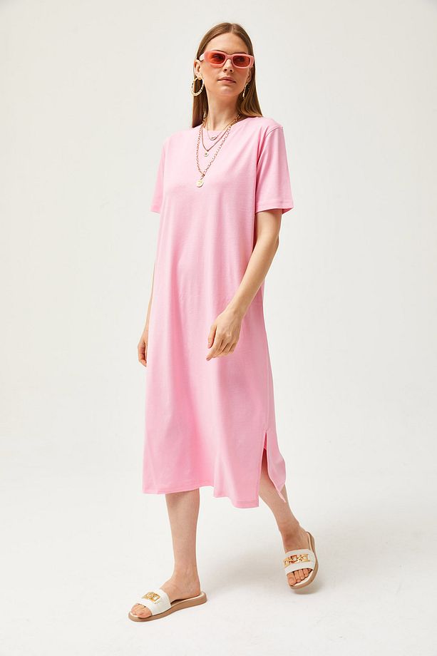 Kadın Pembe Yanı Yırtmaçlı Oversize Pamuk Elbise ELB-19001880 - 4