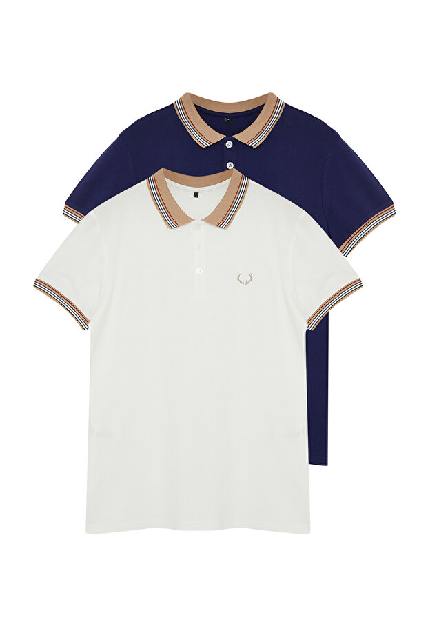 Lacivert-Beyaz 2'li Paket Slim/Dar Kesim Geyik Nakışlı %100 Pamuklu Polo Yaka T-Shirt TMNSS24PO00031 - 2