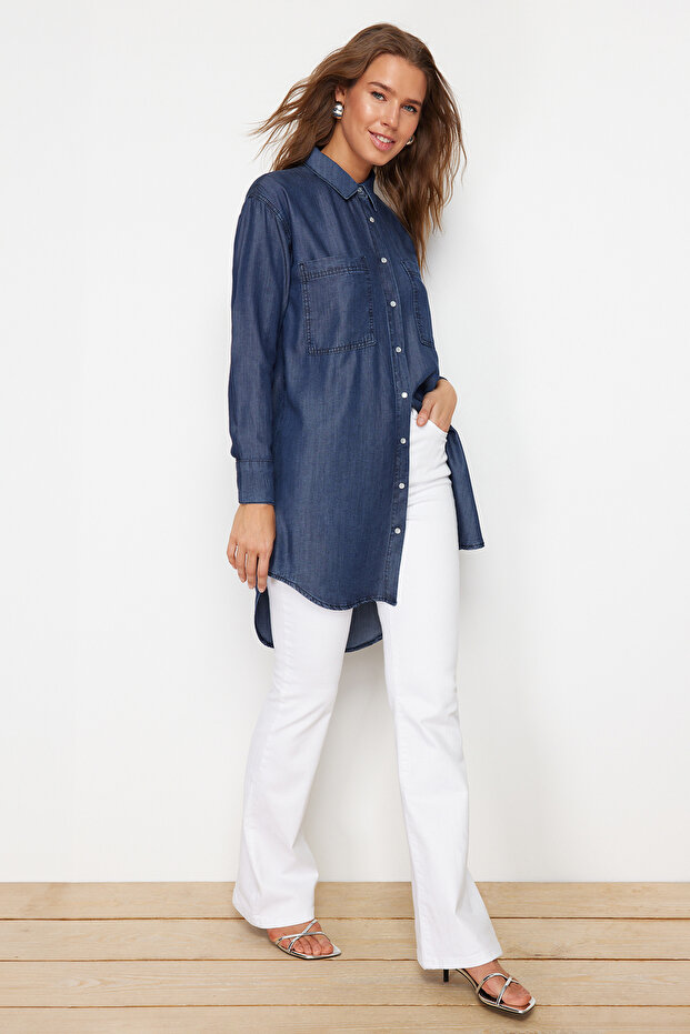 Koyu Mavi Oversize Tencel Denim Modest Gömlek TWOSS24GO00154 - 3