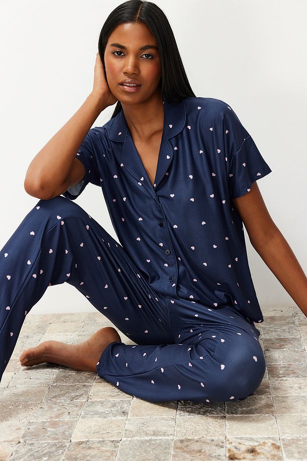 Lacivert Kalpli Örme Pijama Takımı THMSS24PT00286 - 3