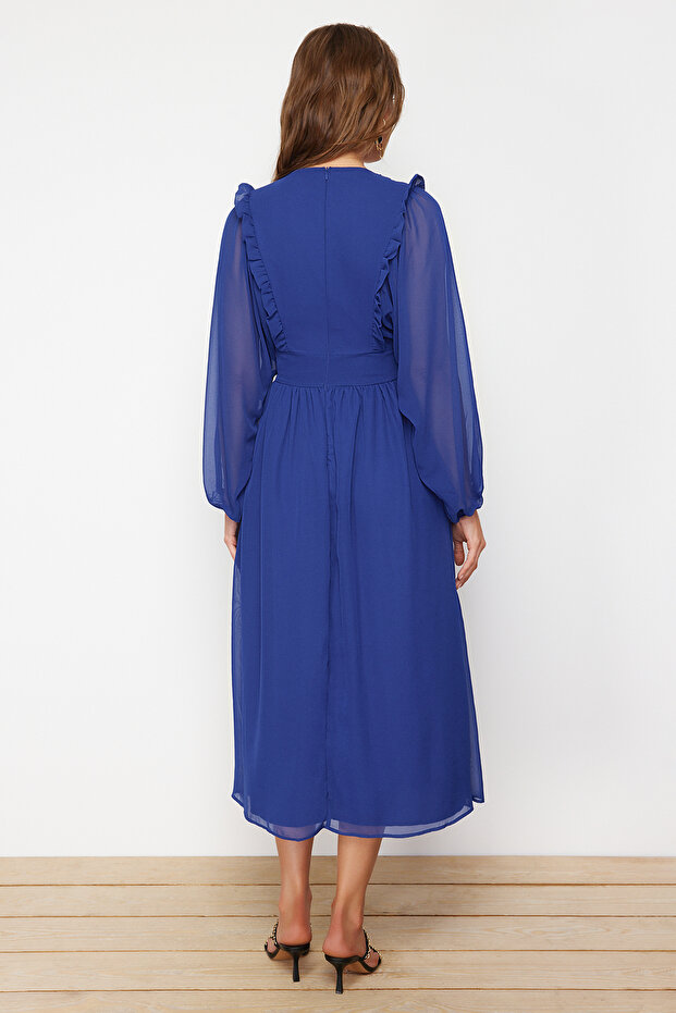 Saks Minimal Desenli Şifon Astarlı Dokuma Elbise TCTSS24EB00035 - 6