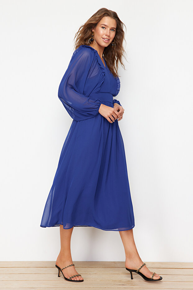 Saks Minimal Desenli Şifon Astarlı Dokuma Elbise TCTSS24EB00035 - 2